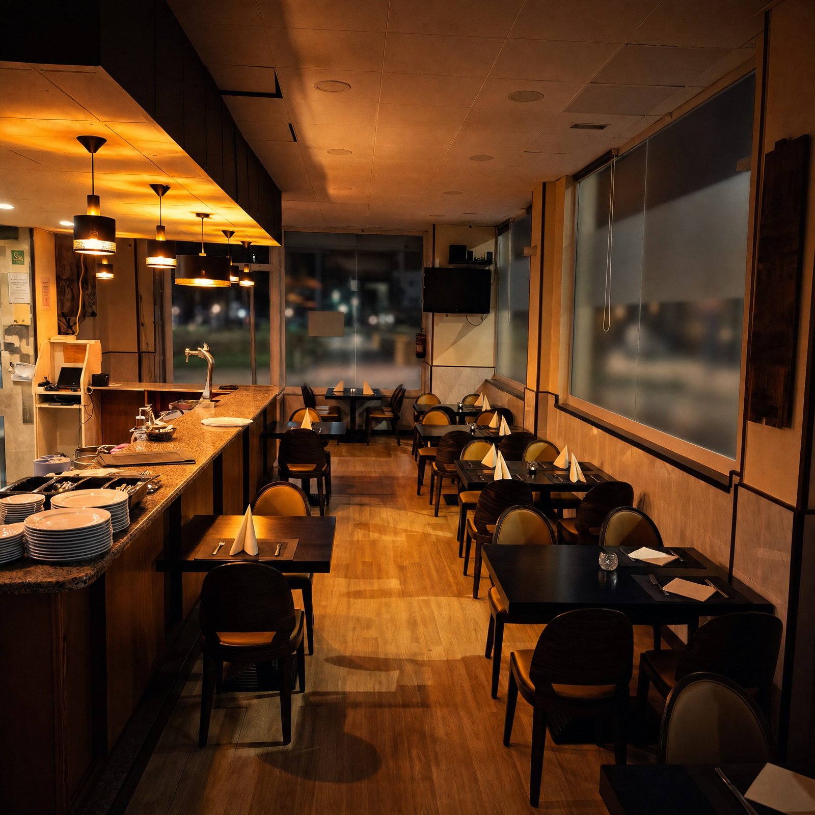 Comedor del restaurante con mesas preparadas junto al ventanal